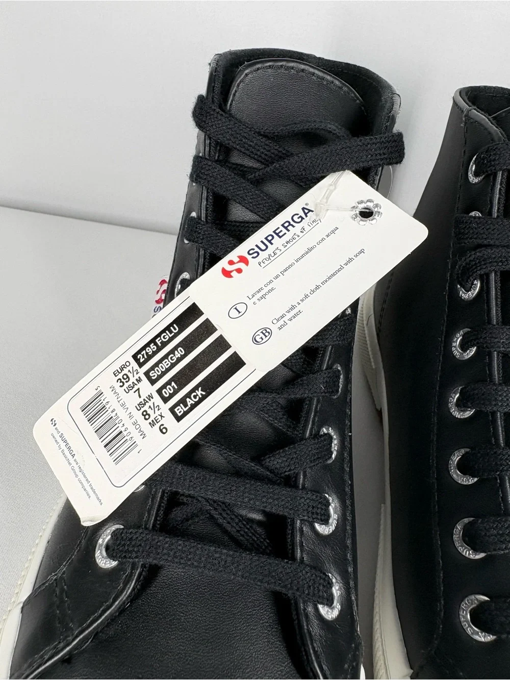 NWT Superga High-Top Black Leather Sneakers. Size 8.5 Women’s